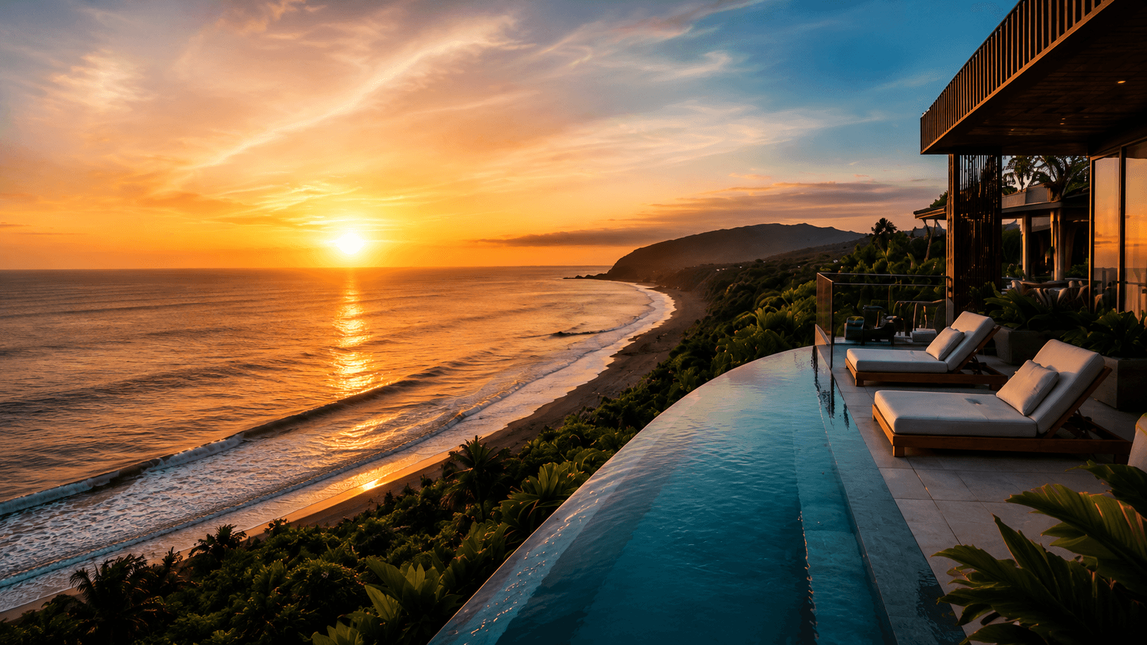 Coastal view with a tourism hotel at sunset